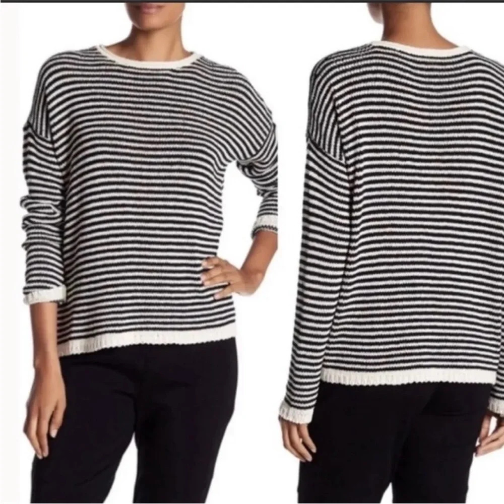 Eileen Fisher Long Sleeves Striped Cotton Blend Boatneck Box Sweater XS